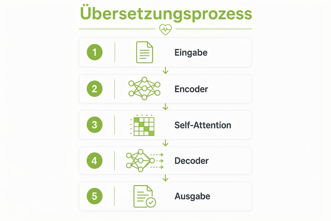 Die Infografik veranschaulicht die fünf Schritte, wie automatische Übersetzung abläuft.