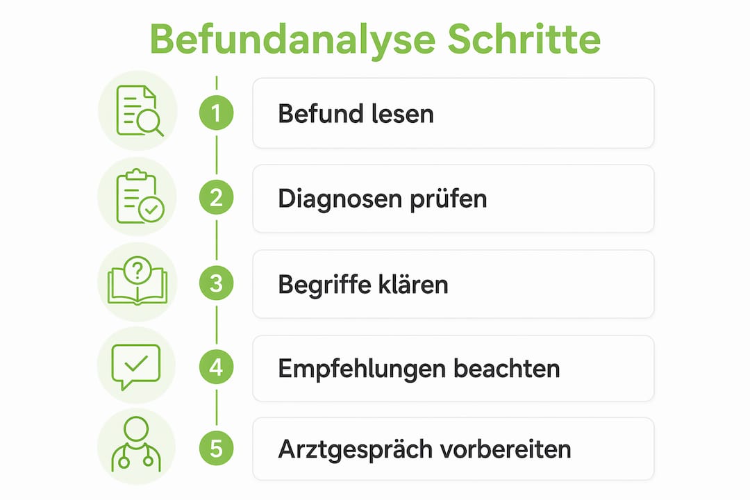 Schritt-für-Schritt-Infografik: So gelingt die Befundanalyse in fünf Etappen