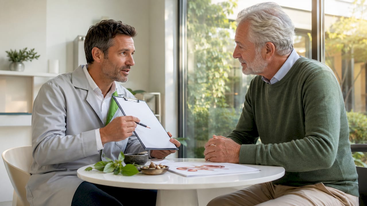 Ein Arzt bespricht gemeinsam mit einer älteren Patientin die einzelnen Punkte einer Checkliste, um ihr den Ablauf verständlich zu machen.