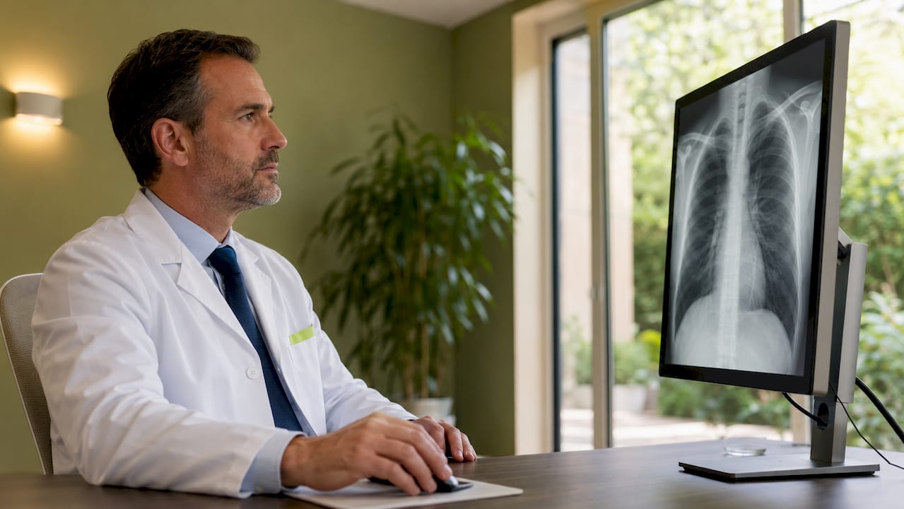 Ein Radiologe betrachtet und beurteilt ein Mammographie-Bild auf dem Monitor.