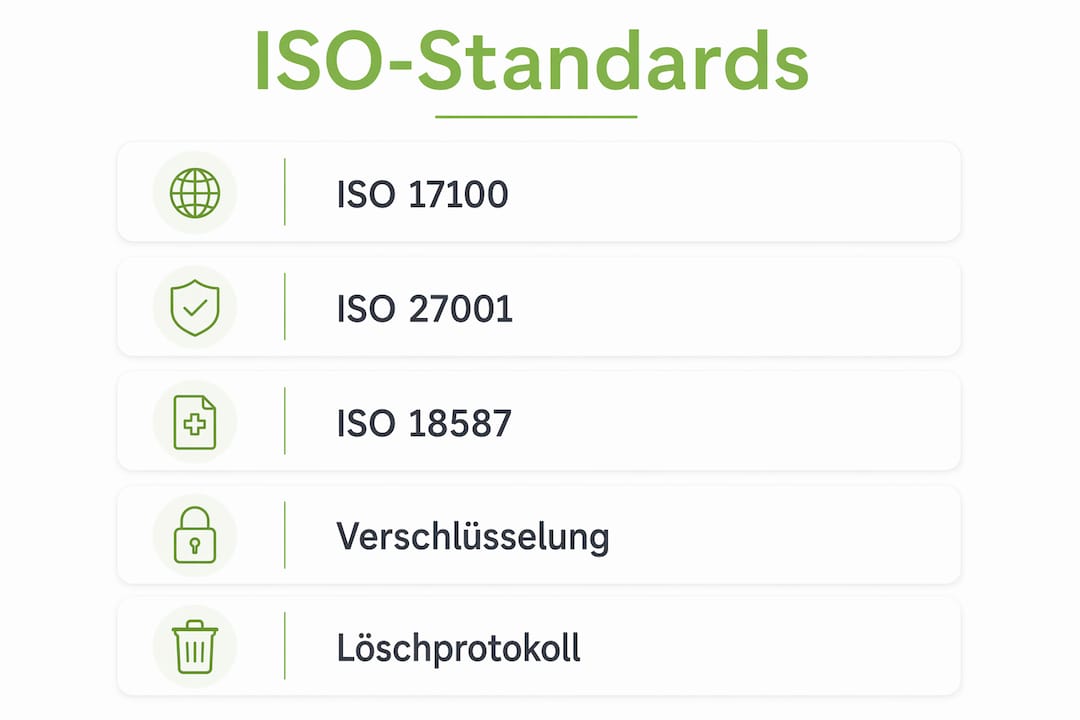 Die Infografik gibt einen Überblick über zentrale ISO-Normen, die für medizinische Fachübersetzungen relevant sind.
