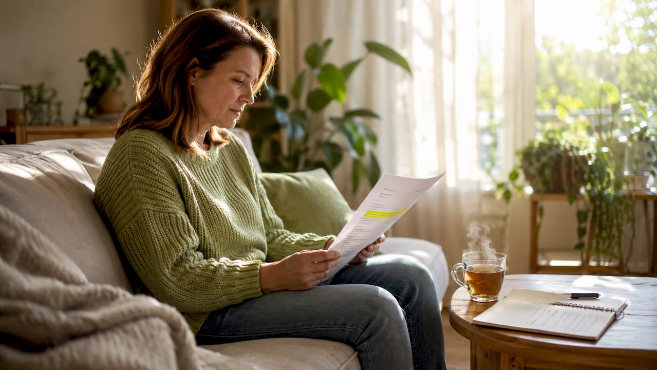 Ein Patient sitzt zu Hause und liest aufmerksam seinen Befund.