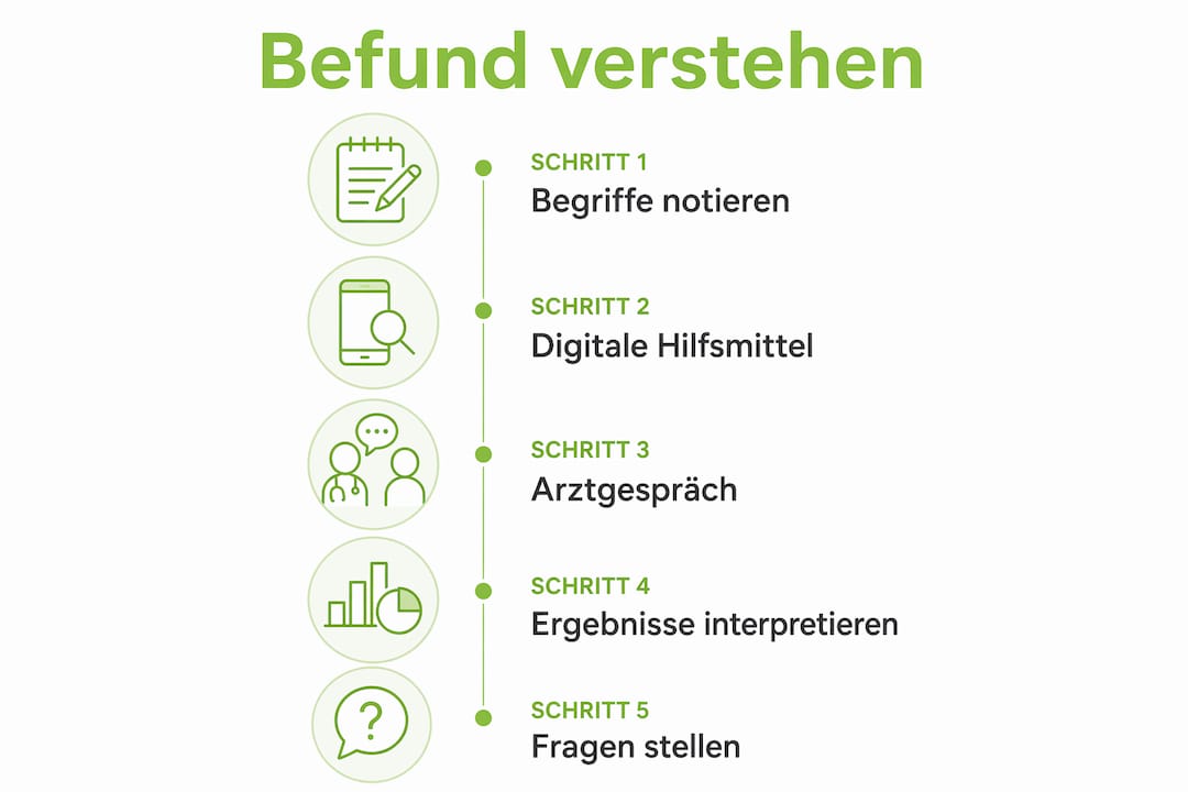 Schritt-für-Schritt-Anleitung: So entschlüsseln Sie medizinische Befunde – eine Infografik mit 5 einfachen Etappen