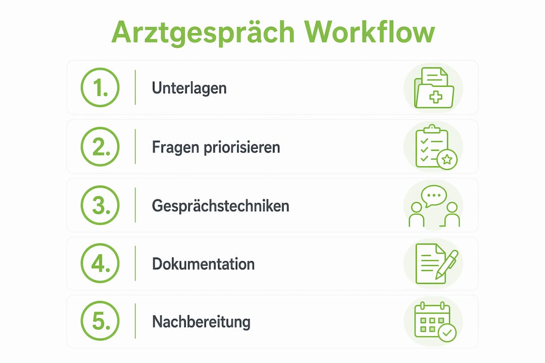 Grafik mit einer Schritt-für-Schritt-Anleitung zur optimalen Vorbereitung auf das Gespräch mit dem Arzt