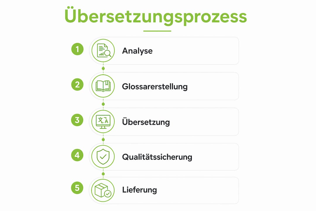 Die Infografik veranschaulicht die einzelnen Schritte im Ablauf einer medizinischen Übersetzung.