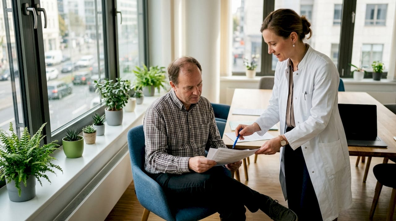 Der Patient und der Arzt gehen gemeinsam die ins Deutsche übersetzten medizinischen Befunde durch.