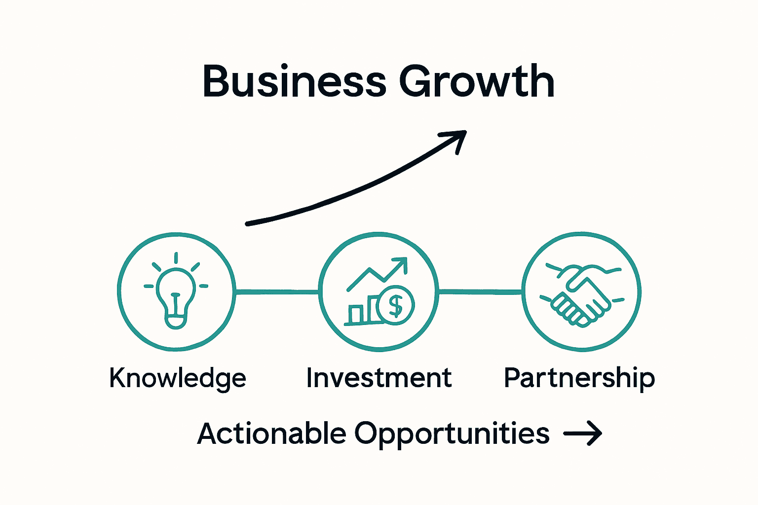 Infographic showing how networking increases business growth through knowledge, investment, and partnership.