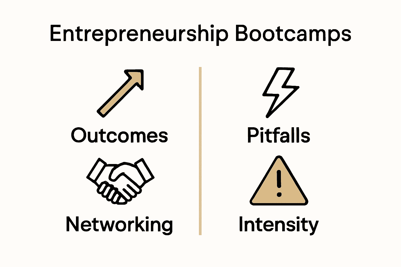 Infographic comparing outcomes and pitfalls of entrepreneurship bootcamps using icons and brief descriptions.