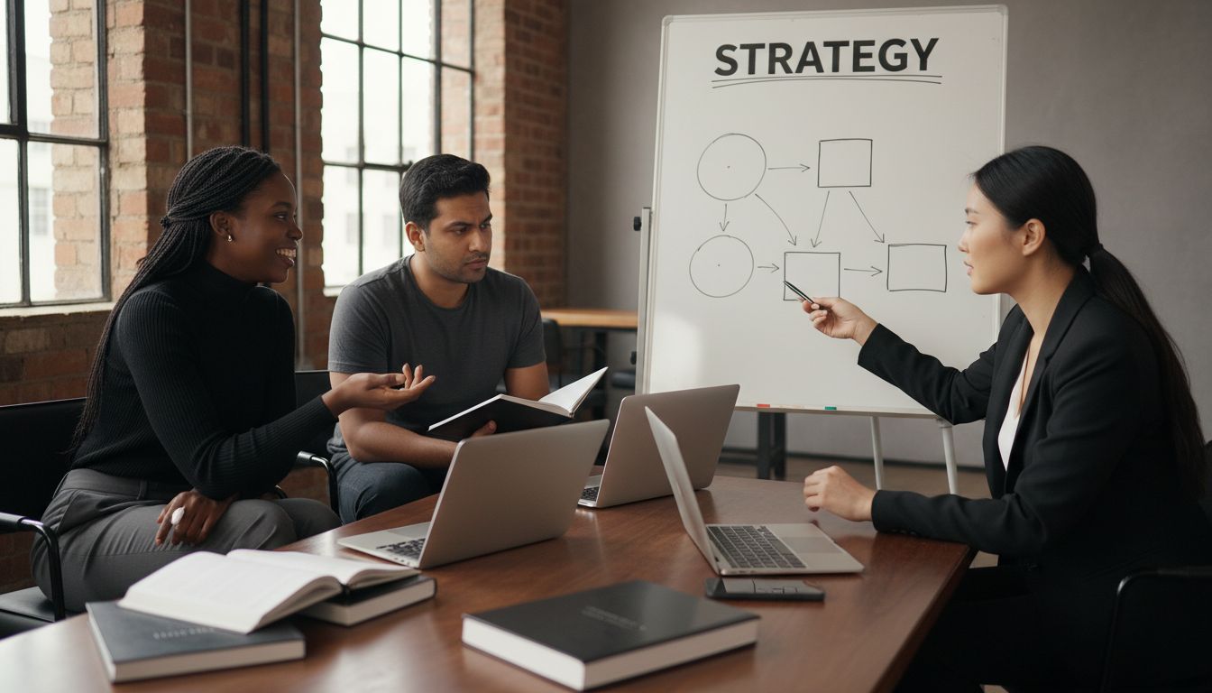 Group of entrepreneurs with advisor brainstorming