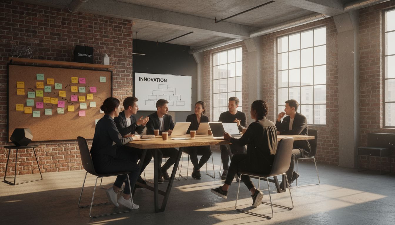 Multicultural startup team collaborating on innovation