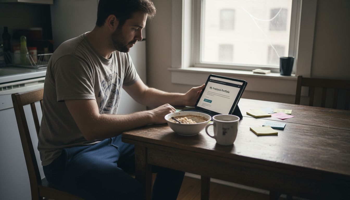Freelancer building online brand at kitchen table
