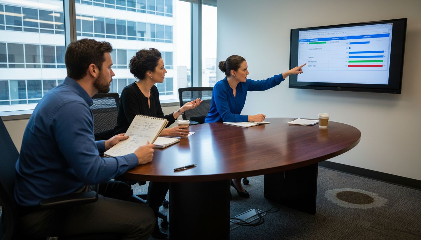 Team reviewing sales metrics in meeting