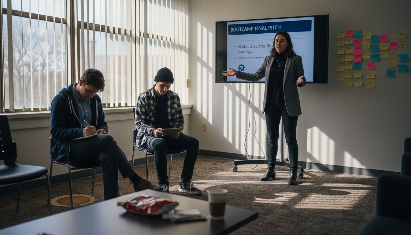 Entrepreneur pitching project to peers