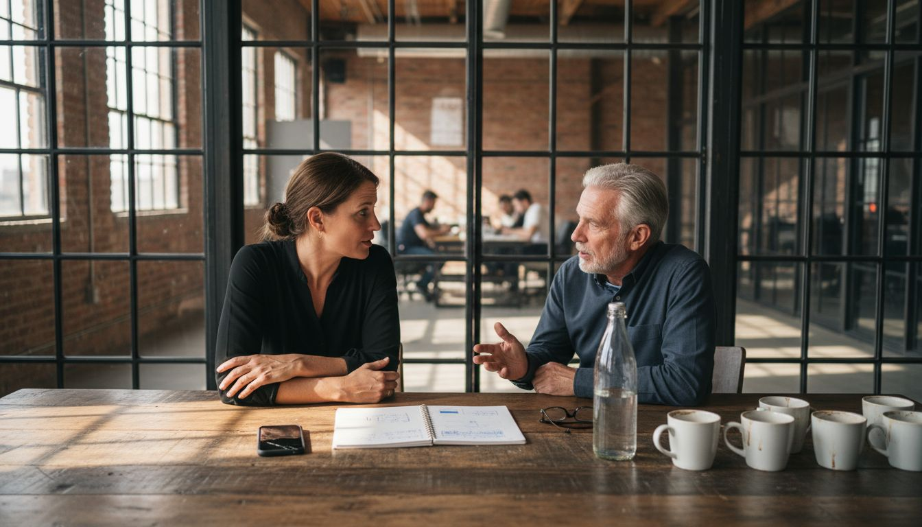 Entrepreneur listening to mentor in shared workspace