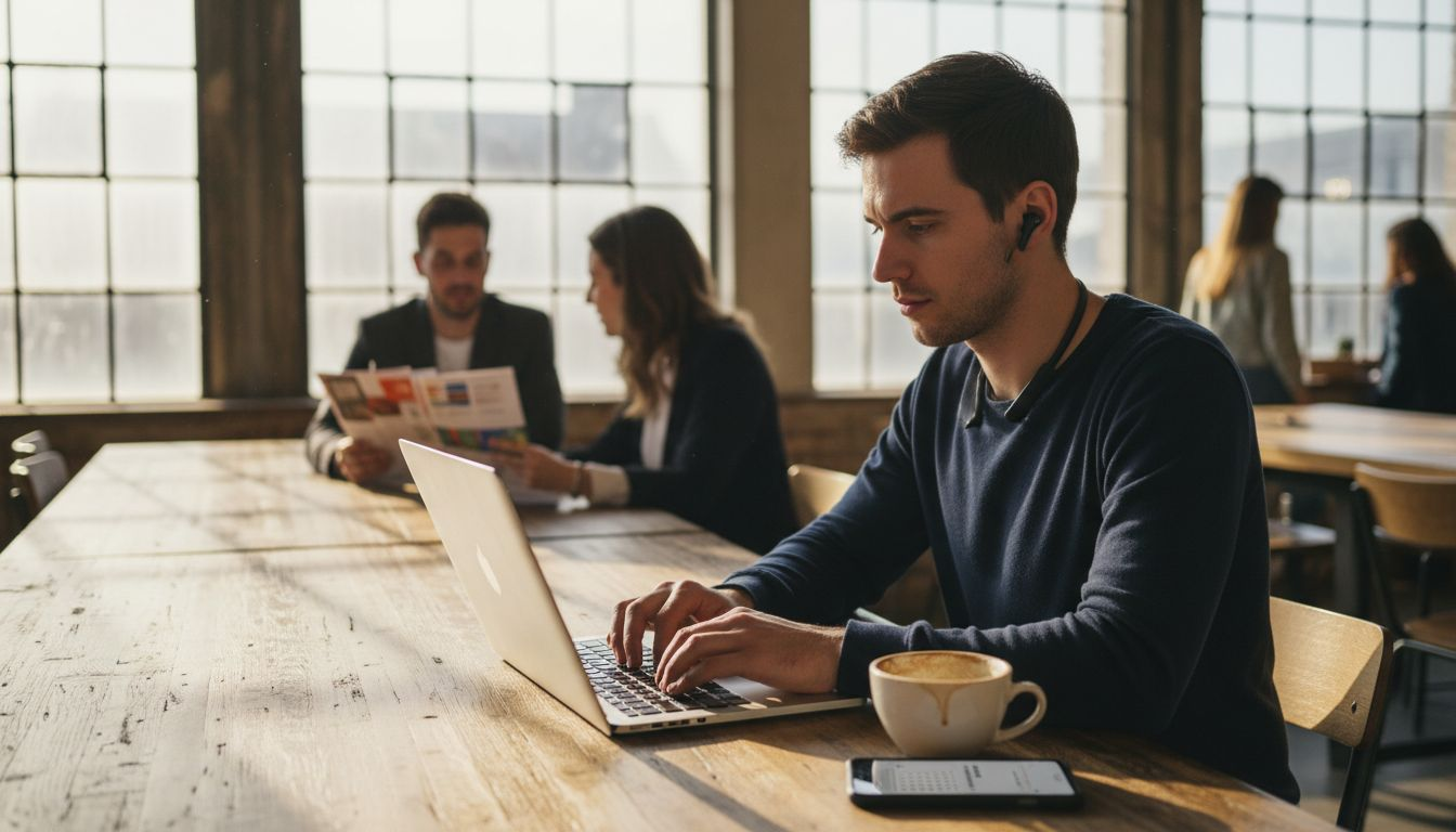 Entrepreneur working in busy coworking café