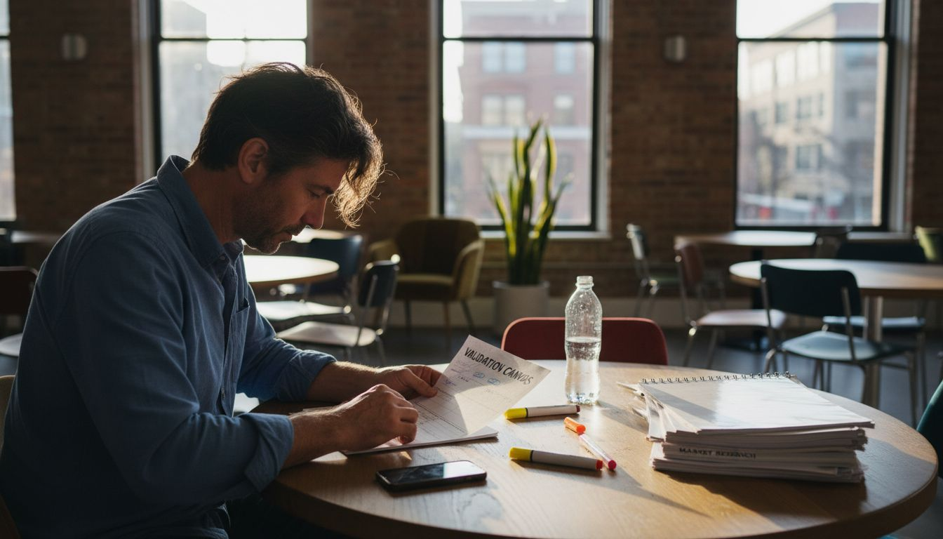 Founder reviewing business validation canvas