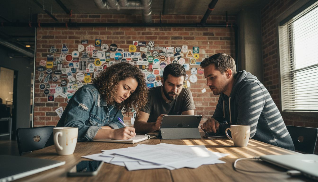 Startup founders discussing ideas at meeting table
