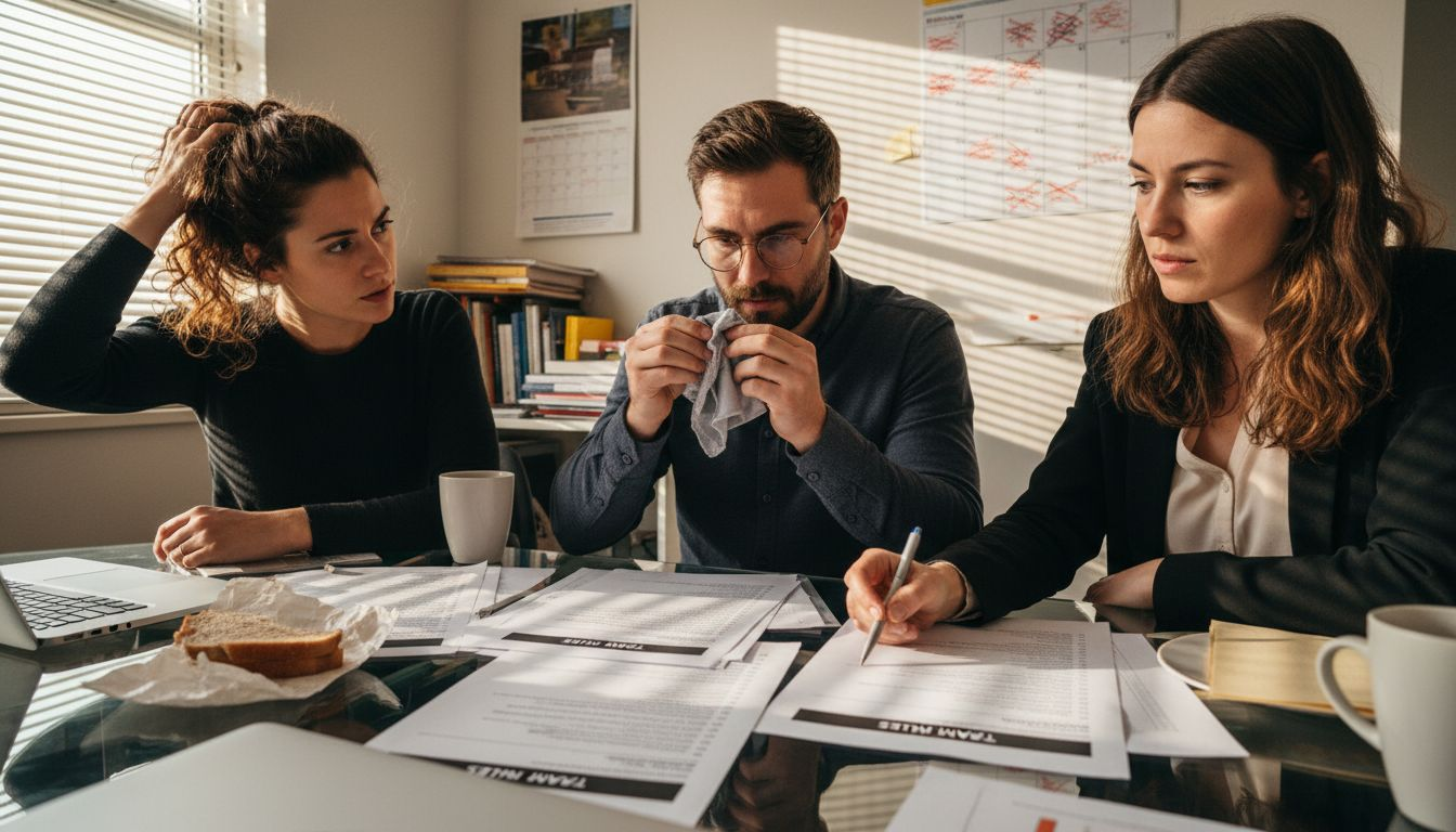 Coworkers review startup team roles at desk