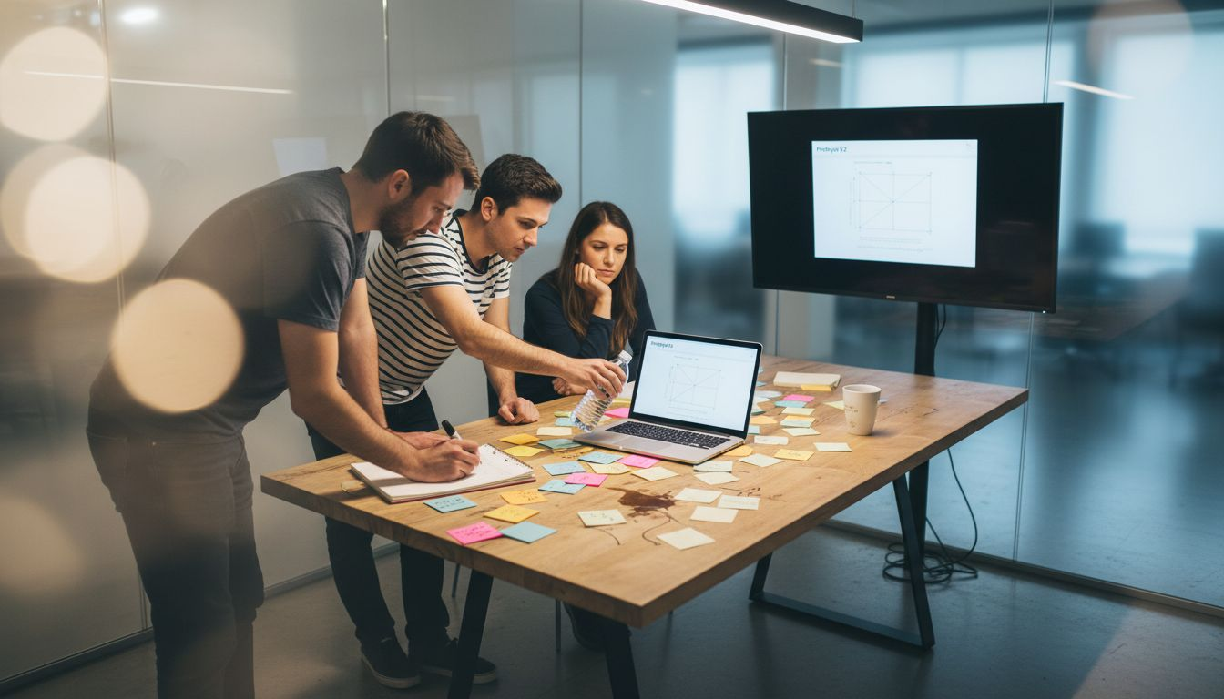 Colleagues brainstorming in glass project room
