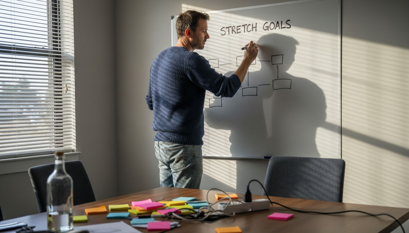 Startup founder writing stretch goals on whiteboard