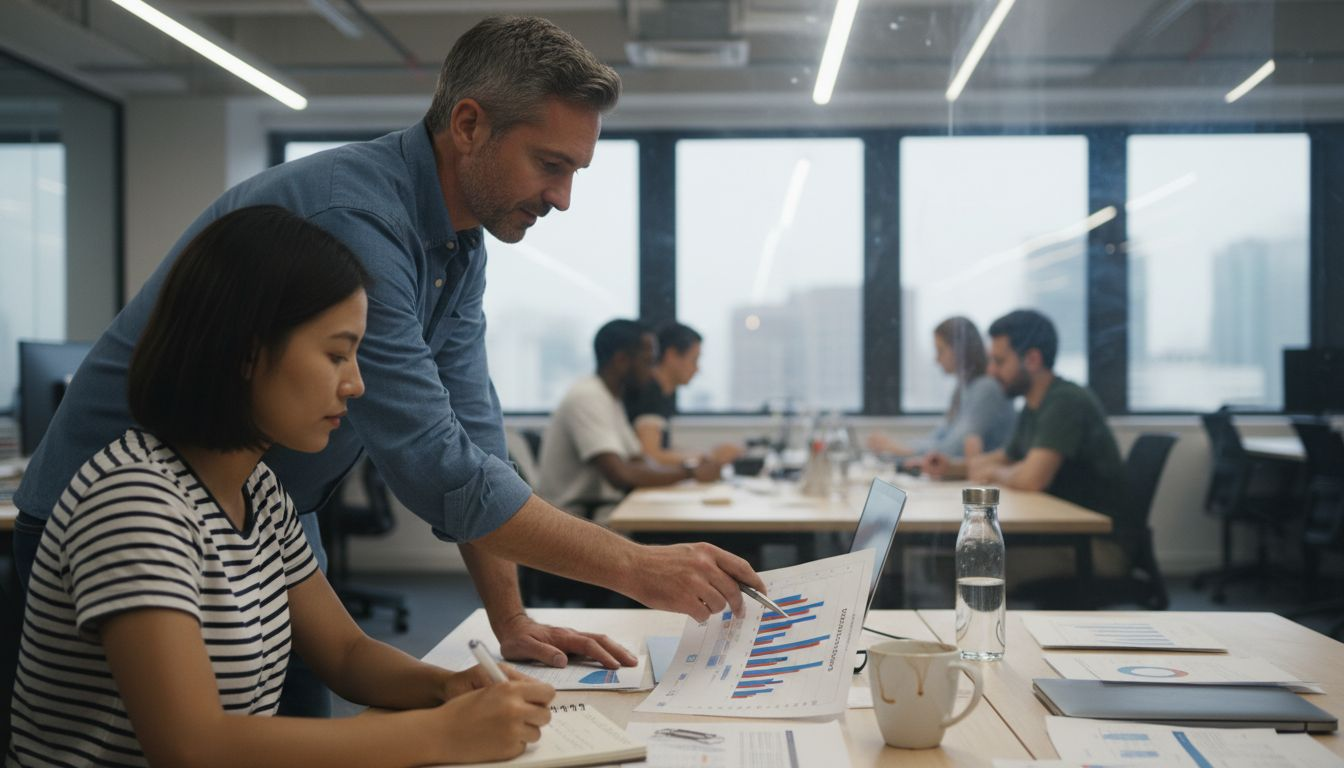 Manager mentoring employee at shared workspace desk