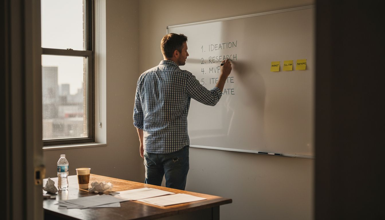 Founder diagramming validation stages on whiteboard