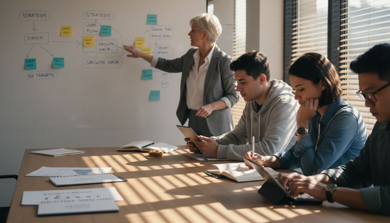 Executive discussing accountability at whiteboard