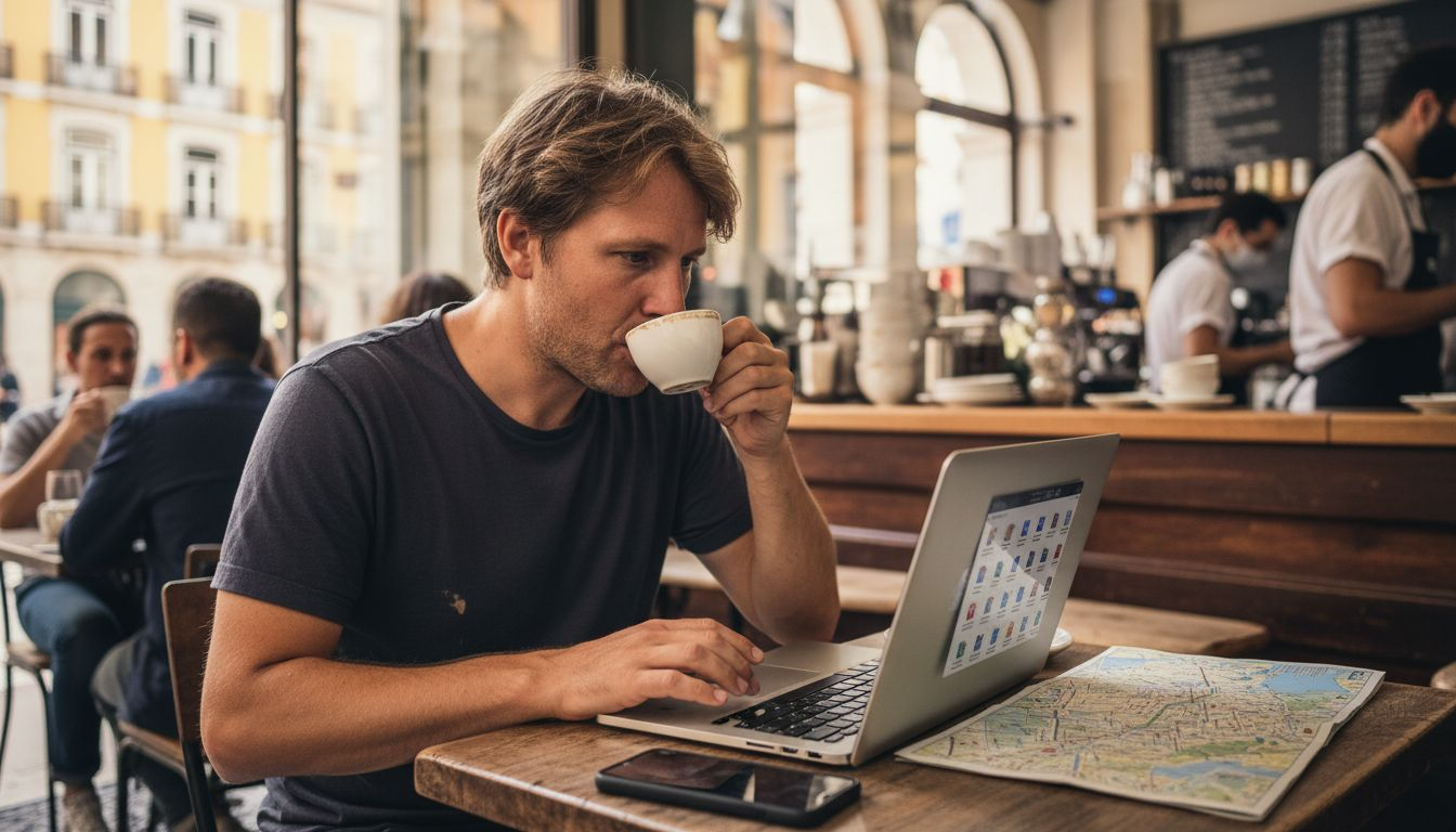 Remote work in lively city cafe scene
