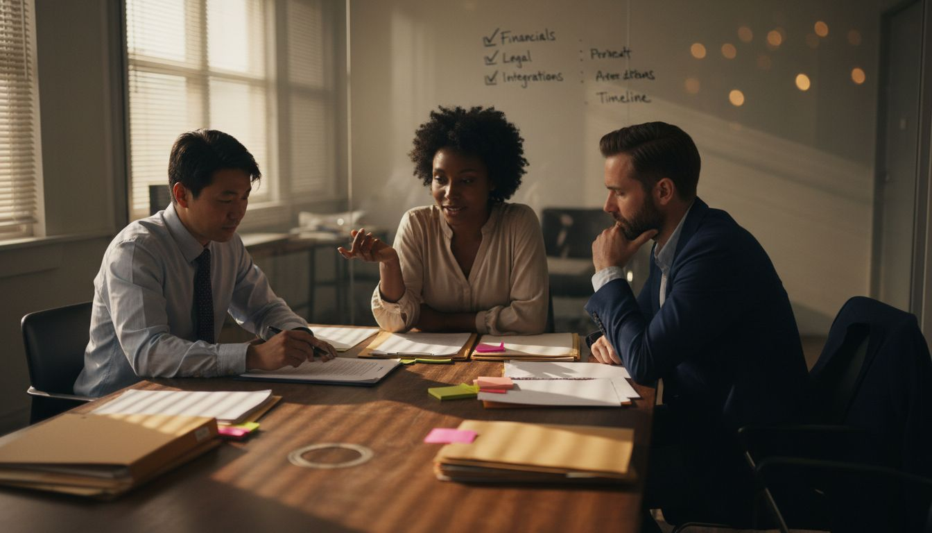 Business team discusses merger documents together