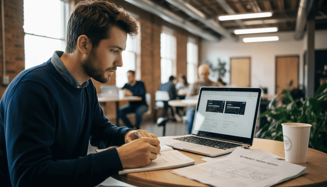 Entrepreneur analyzing market trends at desk