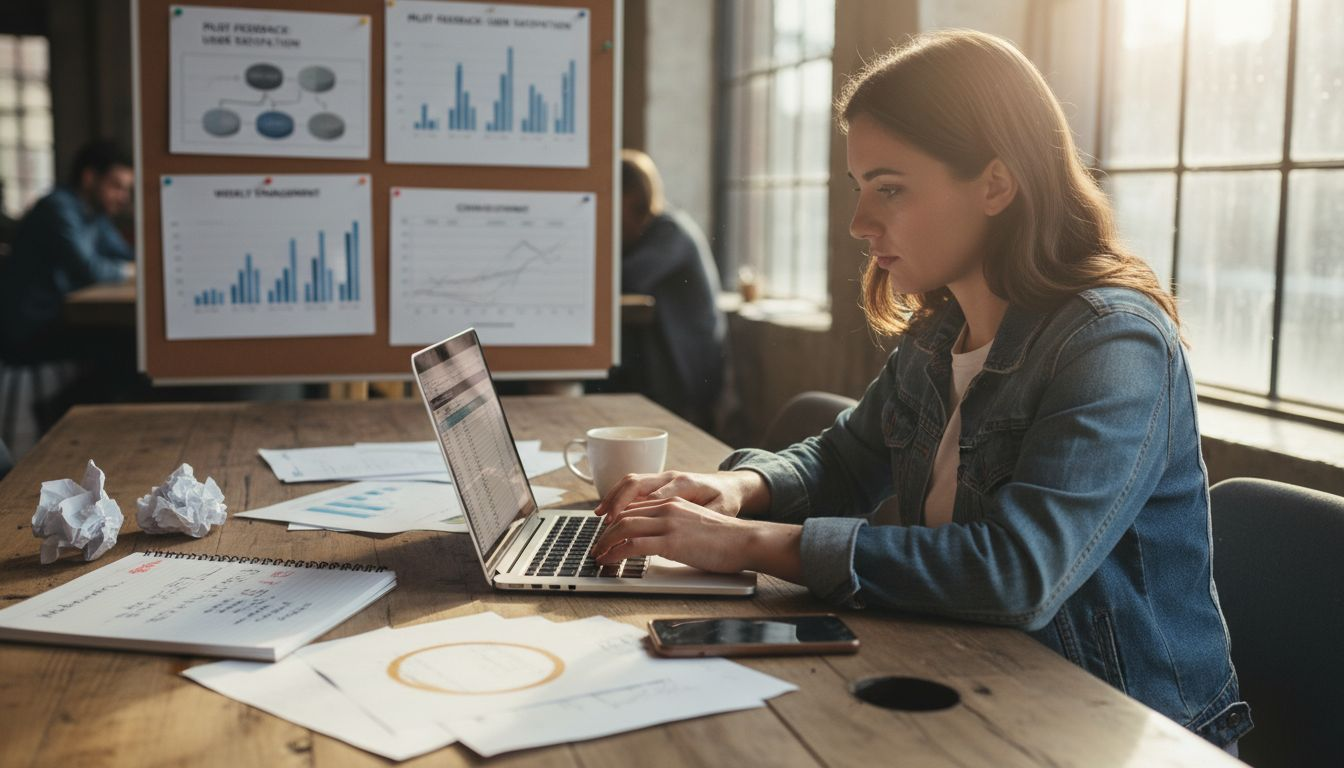 Entrepreneur inputs market data at coworking table