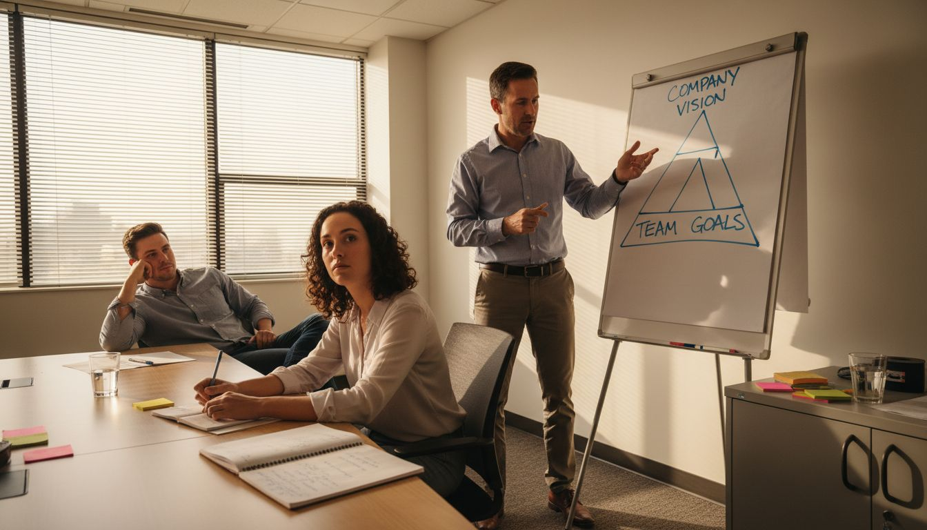 Manager explaining team-aligned goals at whiteboard