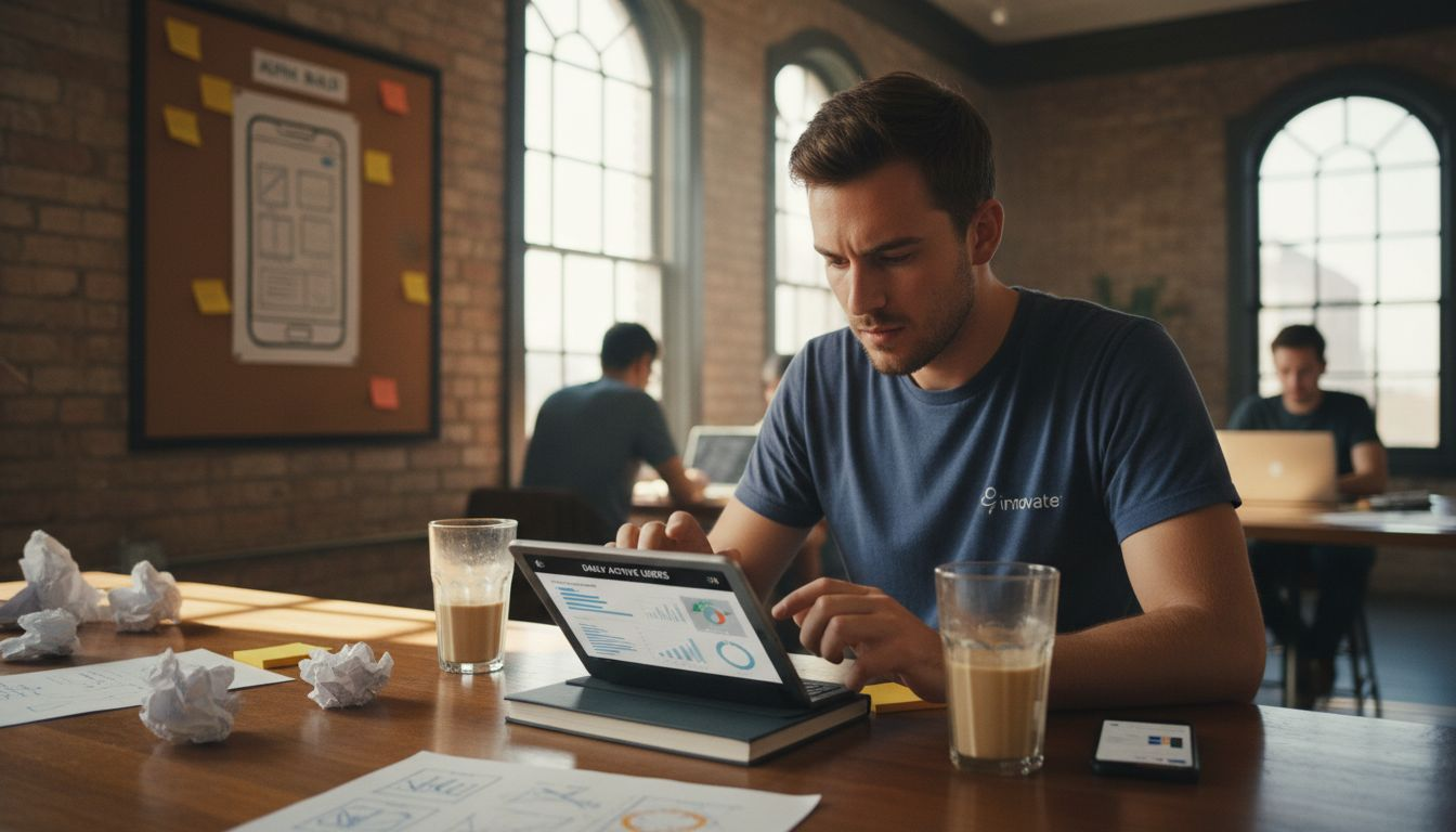 Early-stage founder checking app analytics coworking