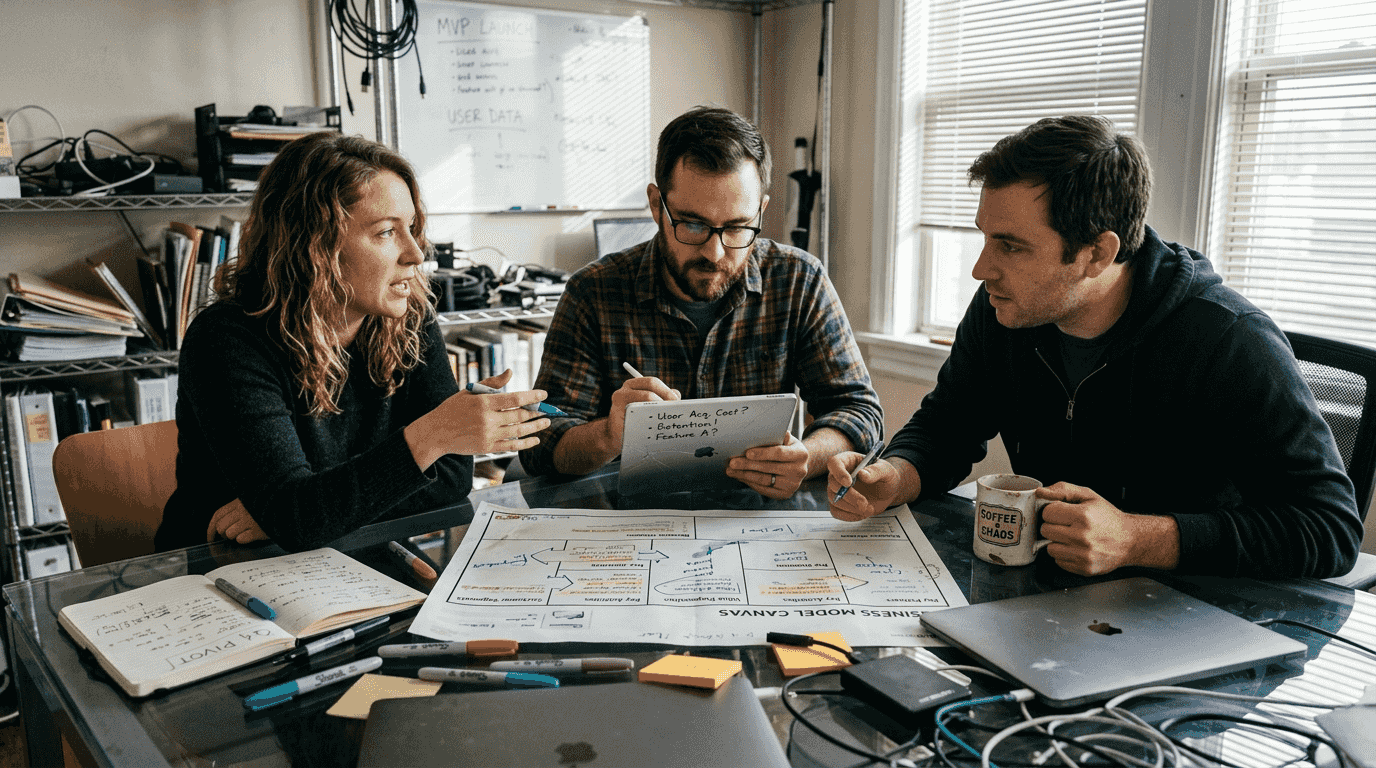 Team discussing business model at table