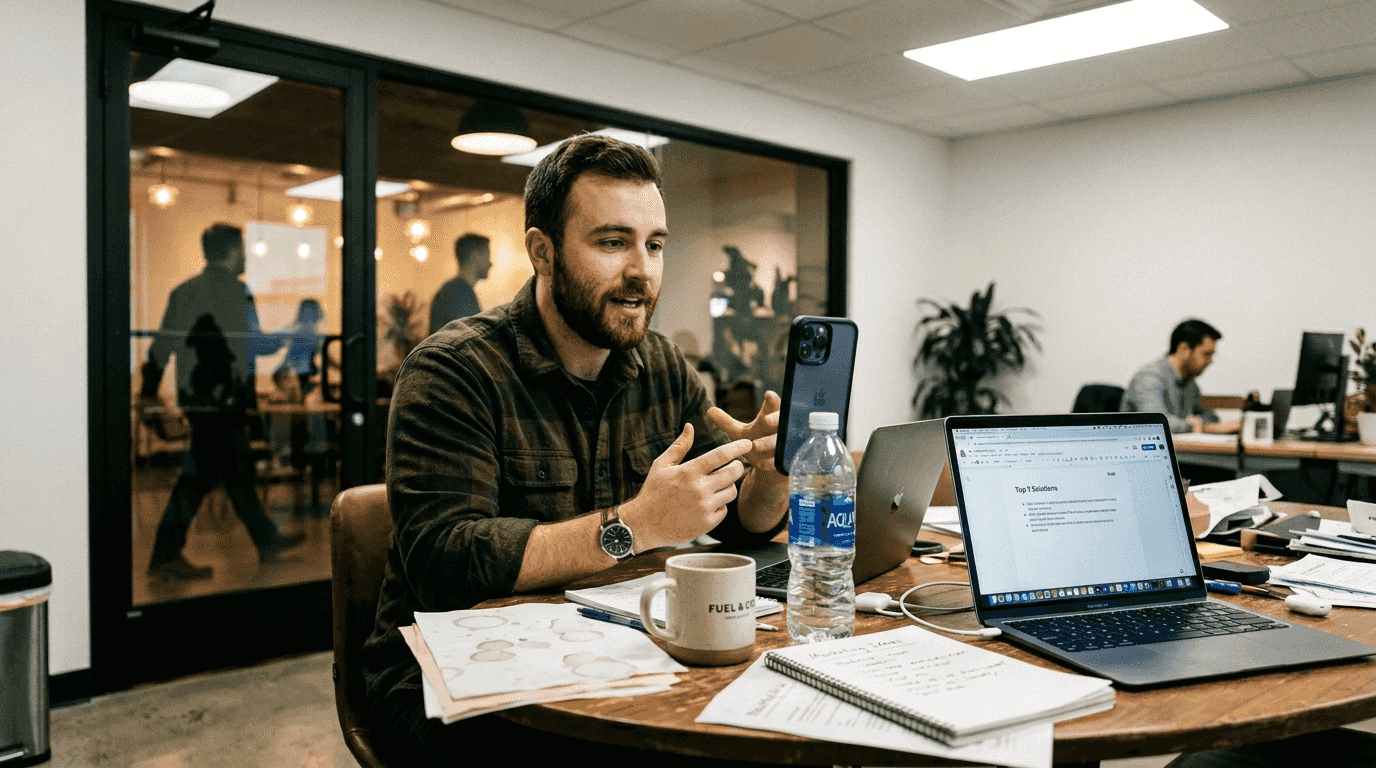 Entrepreneur filming business tips at workspace