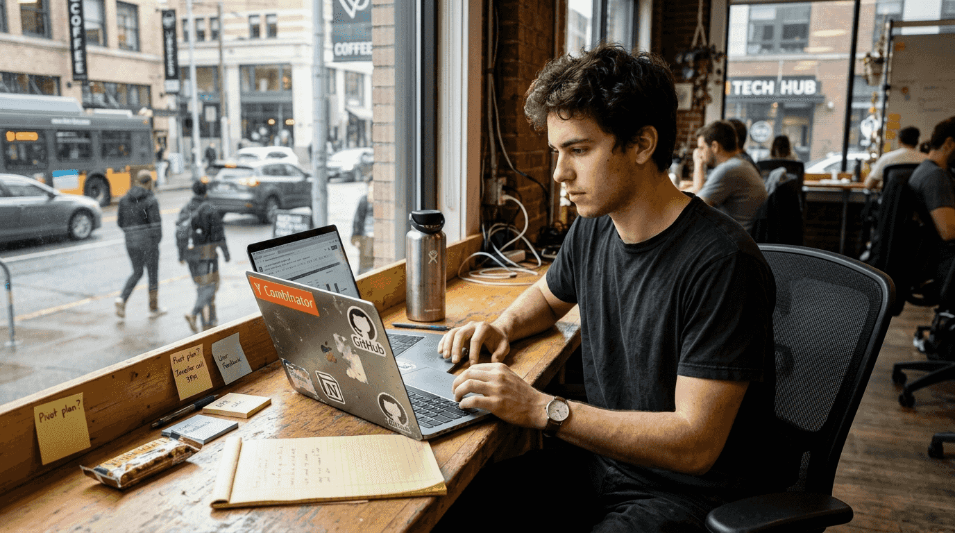 Founder working with focused, simple setup