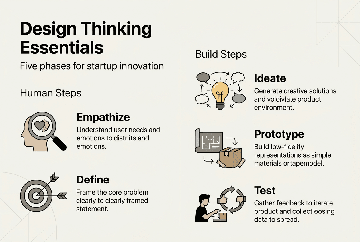 Infographic summarizing design thinking phases