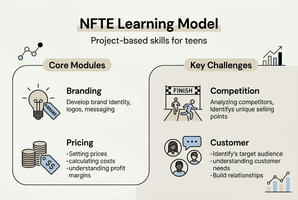 Infographic showing NFTE learning modules and challenges