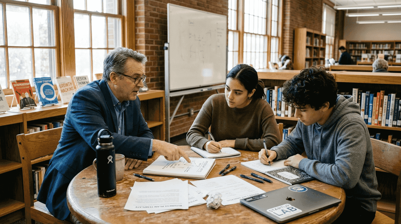 Mentor guiding two young business founders