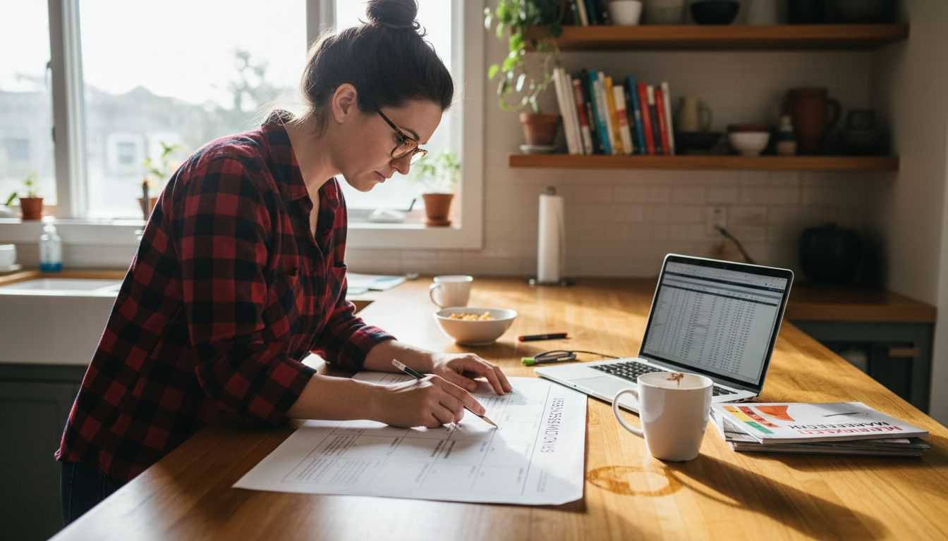 Entrepreneur examines business model canvas on kitchen counter