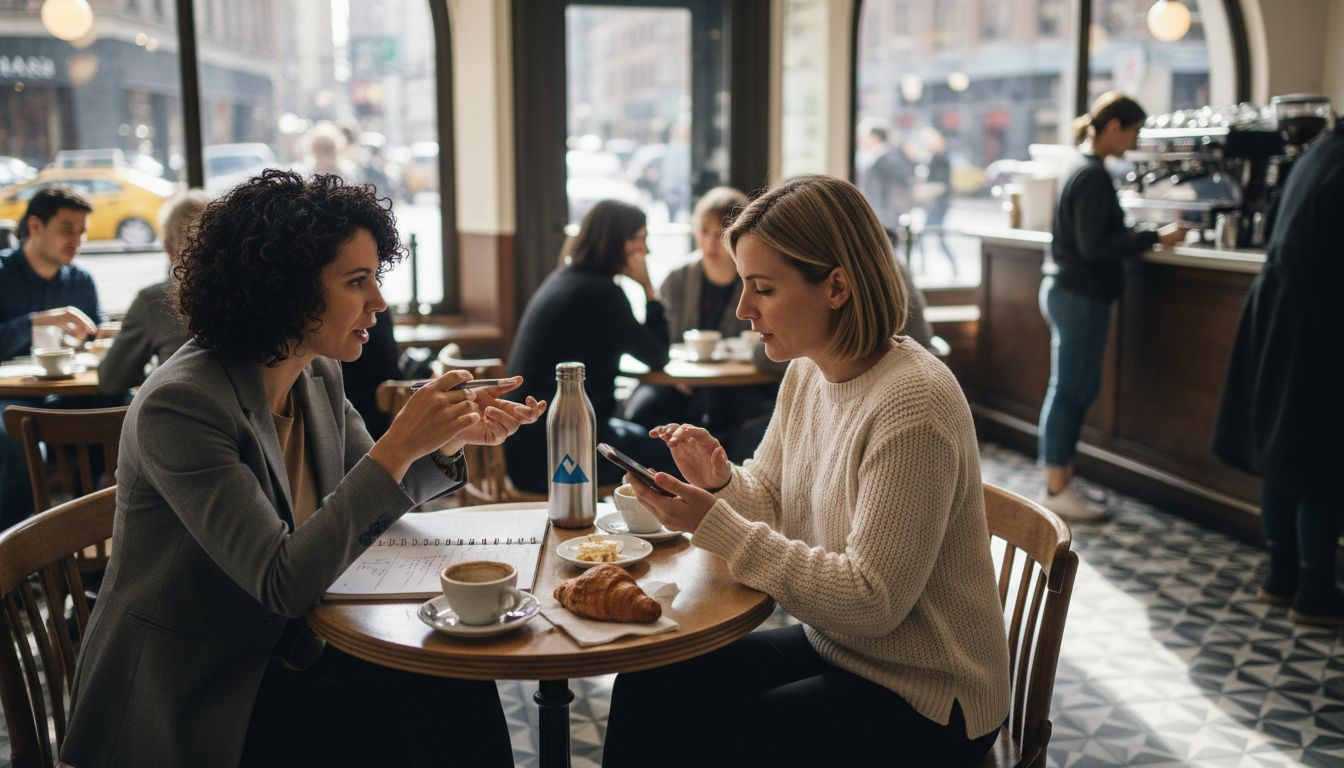Businesswomen networking at city café table