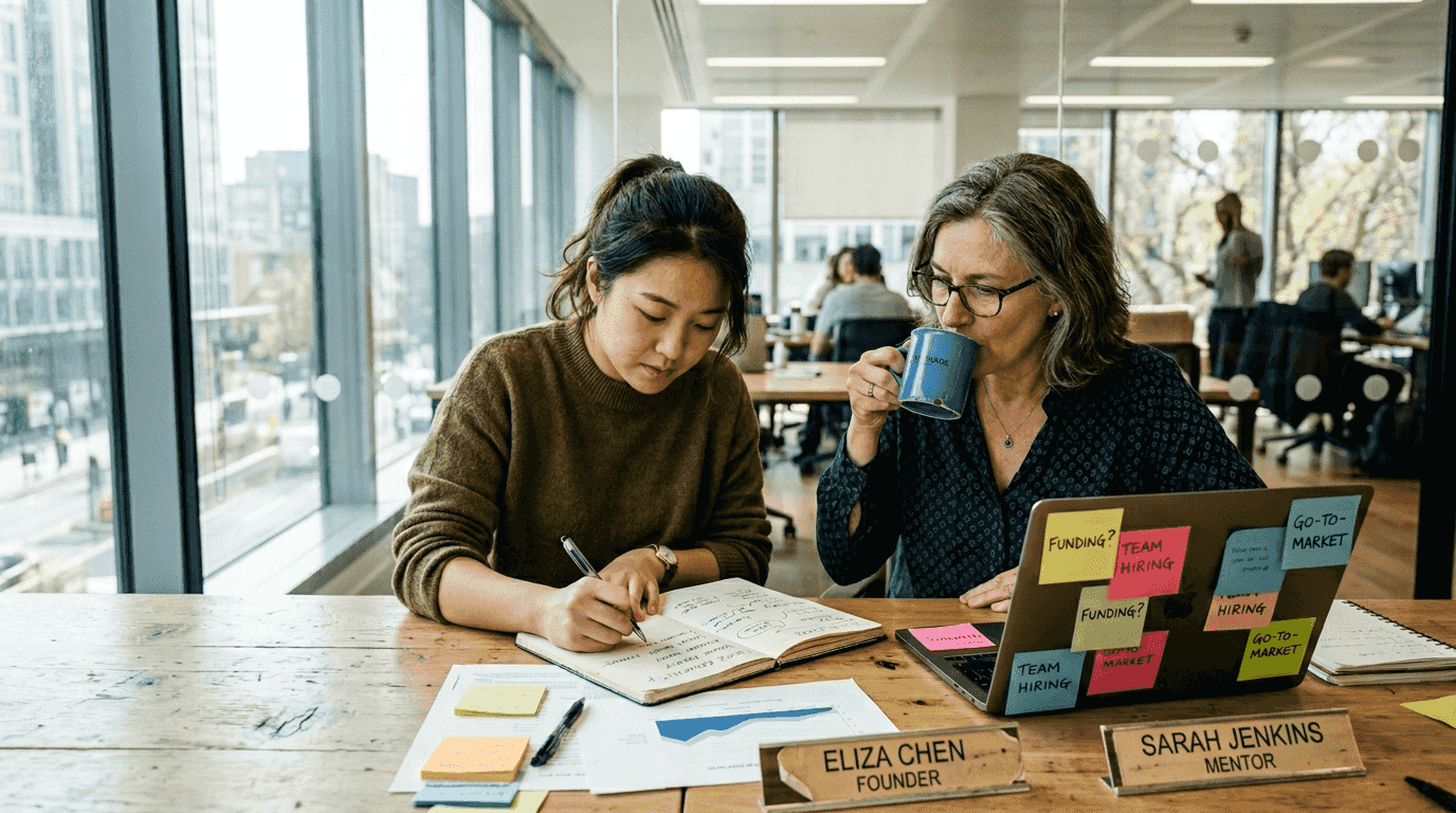 Entrepreneur and mentor brainstorming session