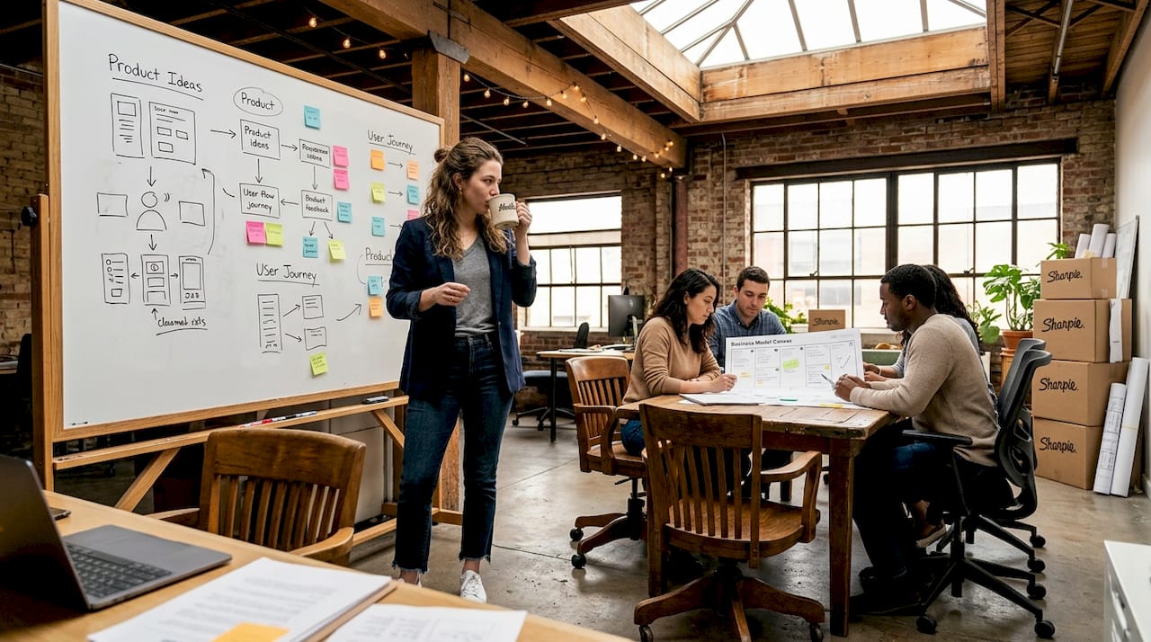 Entrepreneur brainstorming with team in loft workspace