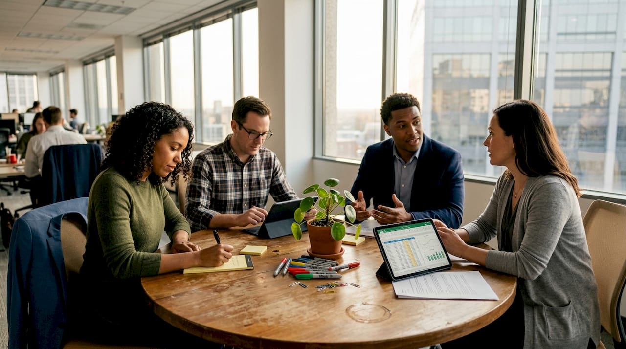 Diverse team brainstorming in open workspace