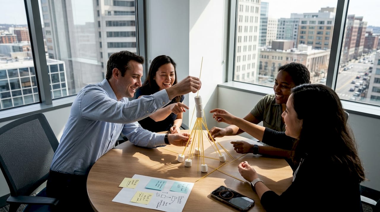 Coworkers building spaghetti marshmallow tower together