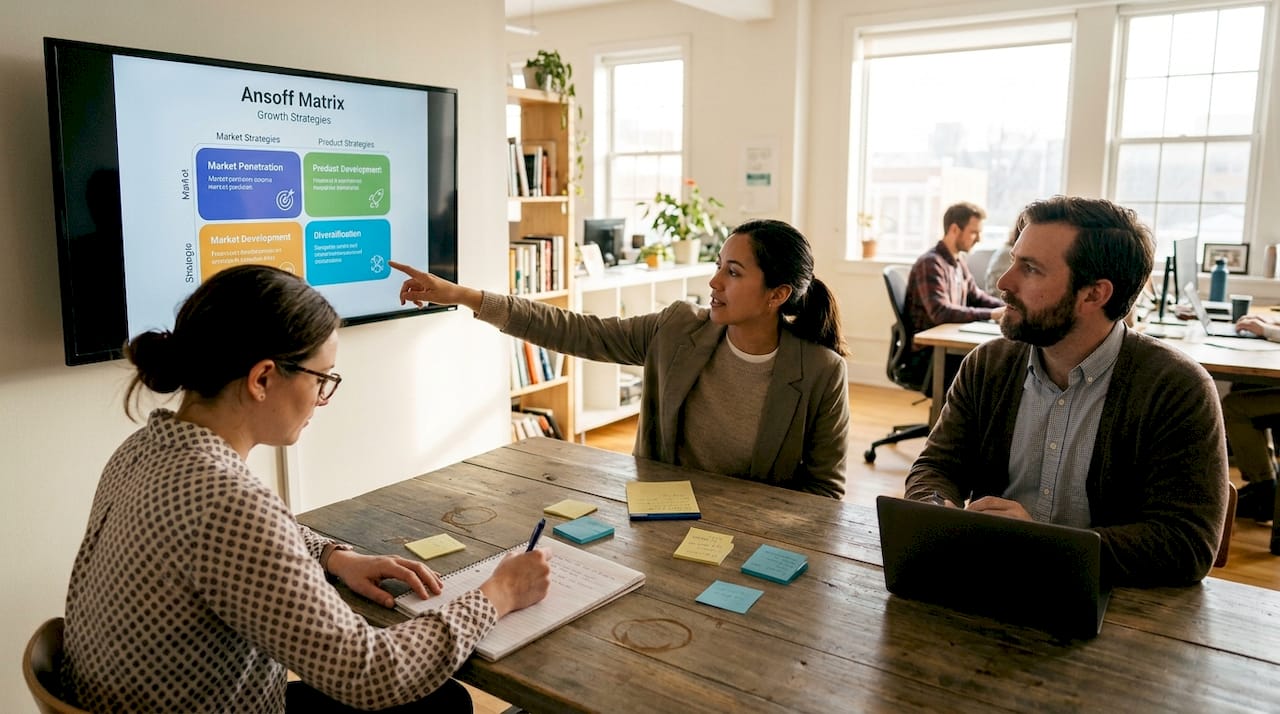 Startup team viewing Ansoff Matrix chart
