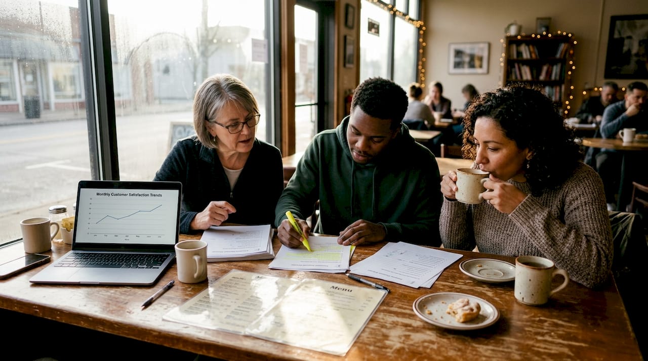Team reviews customer surveys in casual café