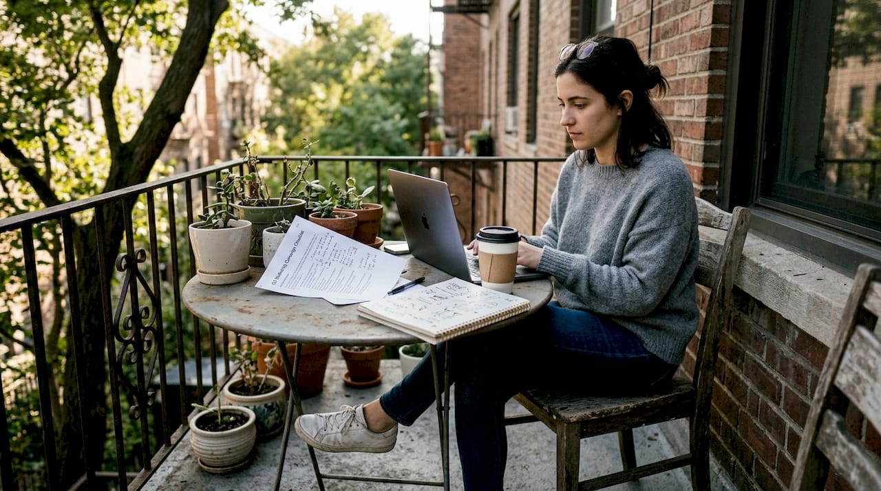 Female founder reviewing crowdfunding campaign notes