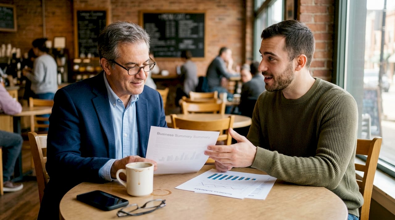 Angel investor reviews founder pitch café