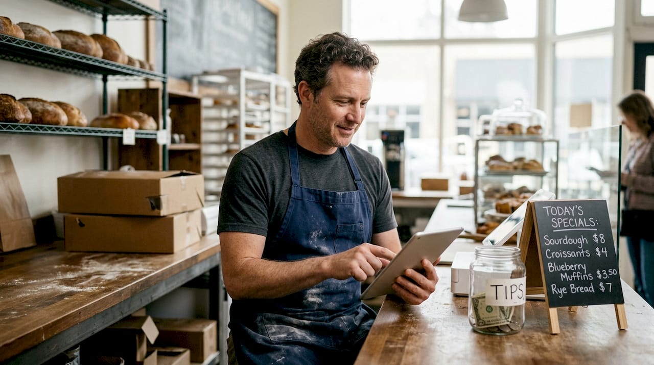 Business owner updating Google Profile in bakery